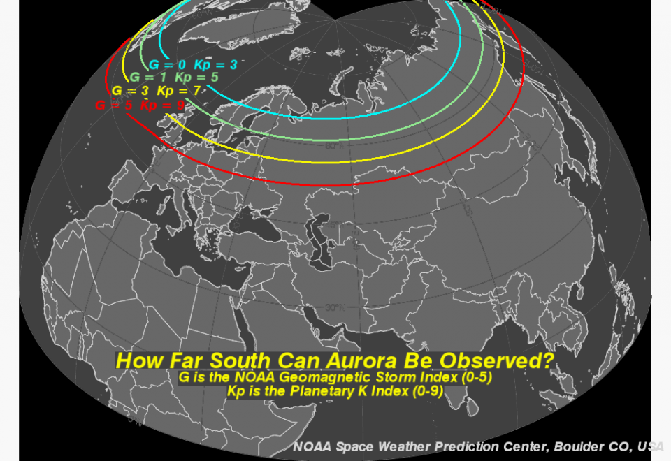 Two maps showing how far south an aurora can be observed in the Northern Hemisphere. G is the NOAA Geomagnetic Storm Index (0–5). Kp is the Planetary K Index (0–9). The first map shows aurora reaching into North America with a blue line indicating how far south aurora can be observed with aurora condition at G=0 Kp=3; a green line indicating how far south aurora can be observed with aurora condition at G=1 Kp=5; a yellow line indicating how far south aurora can be observed with aurora condition at G=3 Kp=7; and a red line indicating how far south aurora can be observed with aurora condition at G=5 Kp=9. The second map shows aurora reaching into Northern Europe, Russia, and Kazakhstan with a blue line indicating how far south aurora can be observed with aurora condition at G=0 Kp=3; a green line indicating how far south aurora can be observed with aurora condition at G=1 Kp=5; a yellow line indicating how far south aurora can be observed with aurora condition at G=3 Kp=7; and a red line indicating how far south aurora can be observed with aurora condition at G=5 Kp=9.
