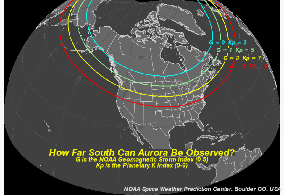 Two maps showing how far south an aurora can be observed in the Northern Hemisphere. G is the NOAA Geomagnetic Storm Index (0–5). Kp is the Planetary K Index (0–9). The first map shows aurora reaching into North America with a blue line indicating how far south aurora can be observed with aurora condition at G=0 Kp=3; a green line indicating how far south aurora can be observed with aurora condition at G=1 Kp=5; a yellow line indicating how far south aurora can be observed with aurora condition at G=3 Kp=7; and a red line indicating how far south aurora can be observed with aurora condition at G=5 Kp=9. The second map shows aurora reaching into Northern Europe, Russia, and Kazakhstan with a blue line indicating how far south aurora can be observed with aurora condition at G=0 Kp=3; a green line indicating how far south aurora can be observed with aurora condition at G=1 Kp=5; a yellow line indicating how far south aurora can be observed with aurora condition at G=3 Kp=7; and a red line indicating how far south aurora can be observed with aurora condition at G=5 Kp=9.