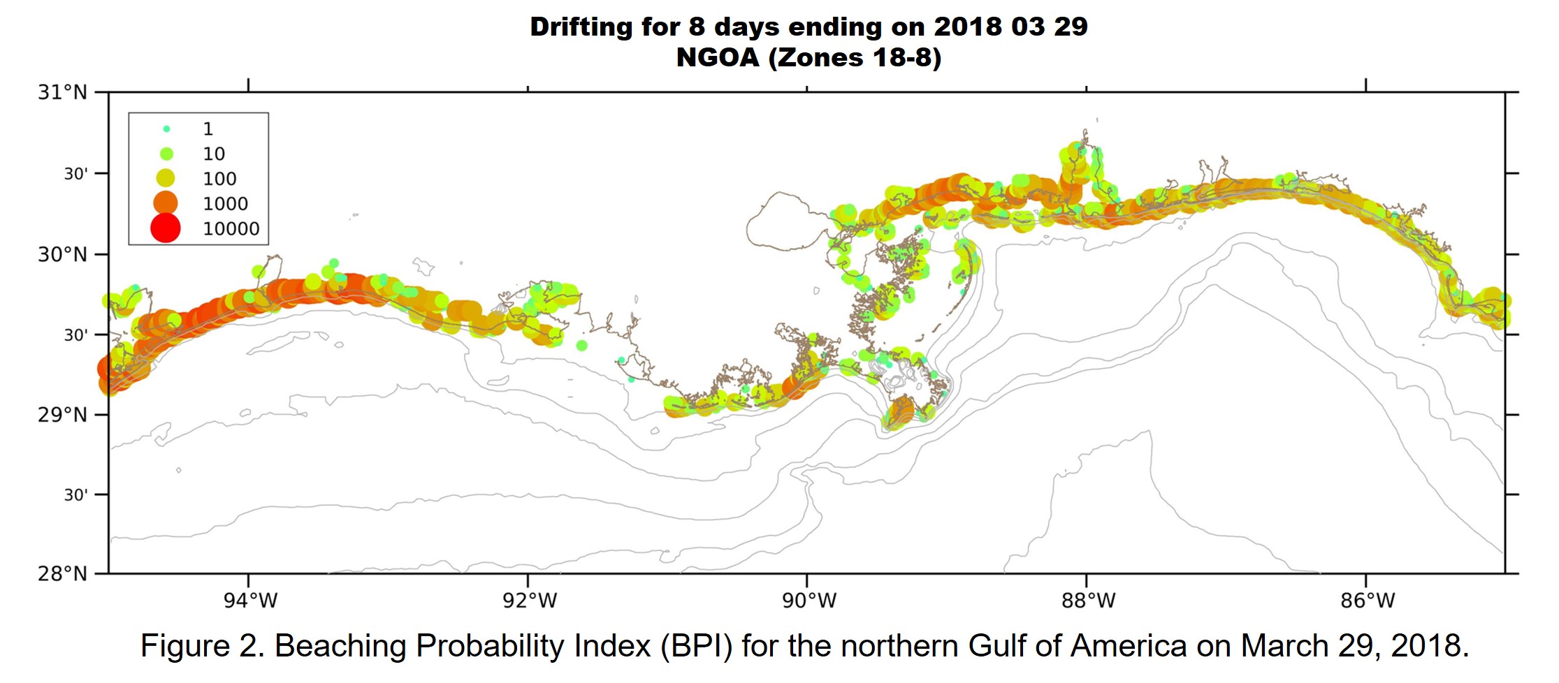 Figure 2. Bleaching Probability Index (BPI) for the northern Gulf of America on March 29, 2018