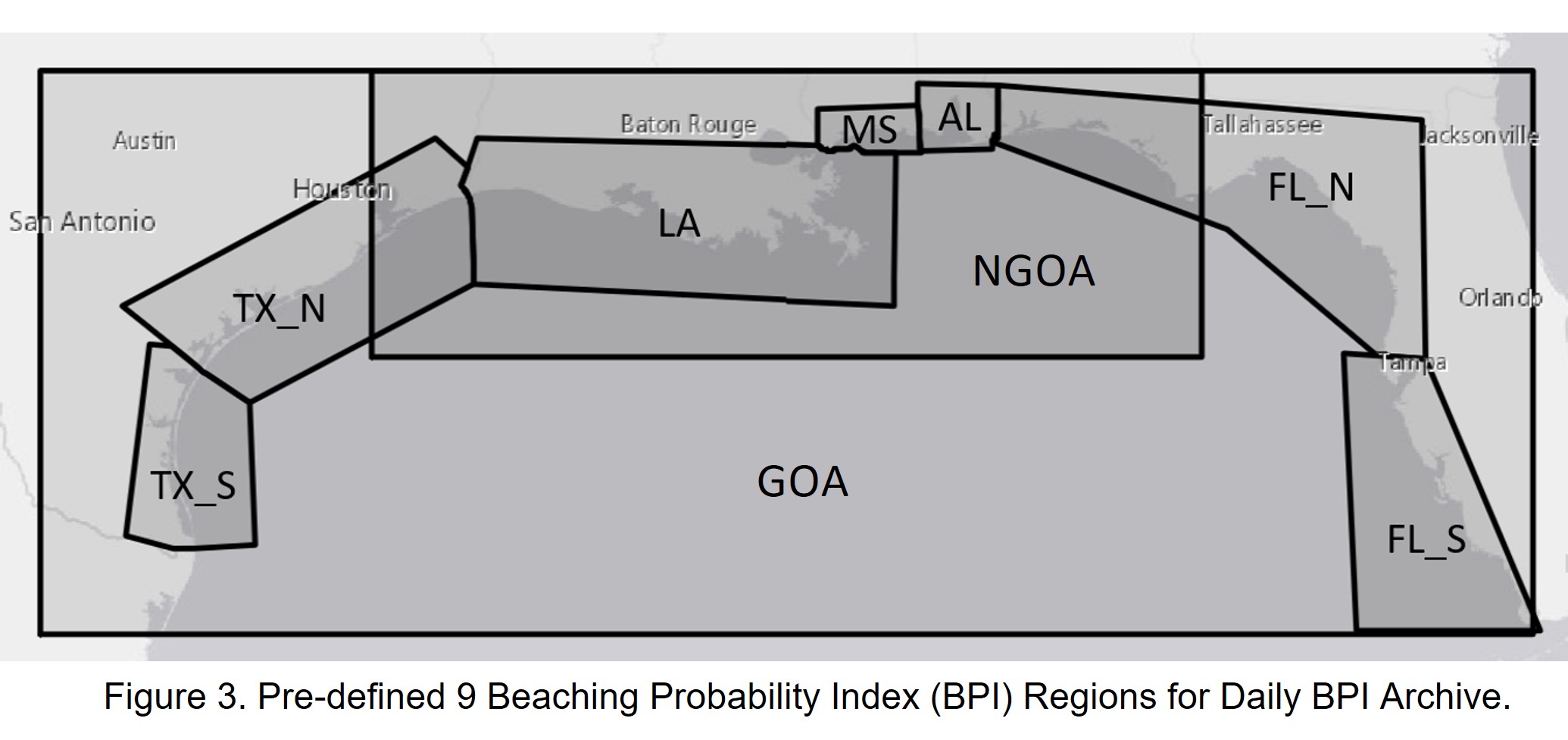 Figure 3. Pre-defined 9 Beaching Probability Index (BPI) Regions for Daily BPI Archive