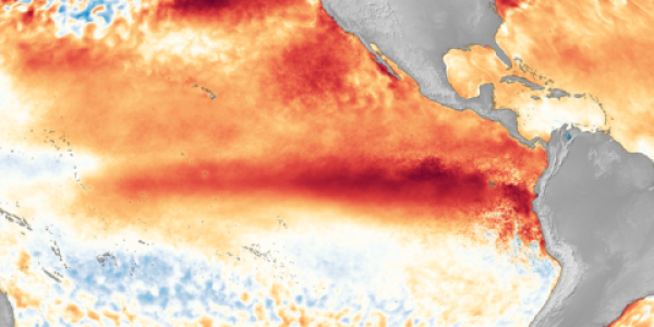 A bright red/orange band of unusually warm sea surface temperatures extends along the equatorial Pacific Ocean overlaid on a global map during 2016, one of the strongest El Niño events on record.