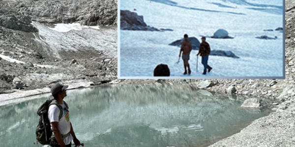 Estas imágenes muestran el glaciar Ice Worm en las montañas Cascade del Norte de Washington, EE. UU., que estuvo bajo continuo monitoreo cada año desde 1984 y desapareció en el 2023. Foto principal: La ubicación del antiguo glaciar Ice Worm el 13 de agosto del 2023. Foto insertada: Glaciar Ice Worm el 16 de agosto de 1986.