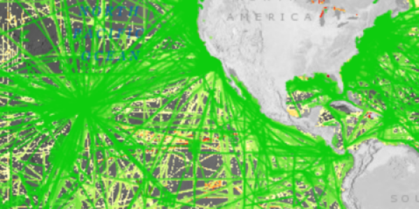 Mercator projection of the world with green, yellow, and red track lines crossing bodies of water across the globe showing the location of bathymetric data held by the Data Center for Digital Bathymetry.