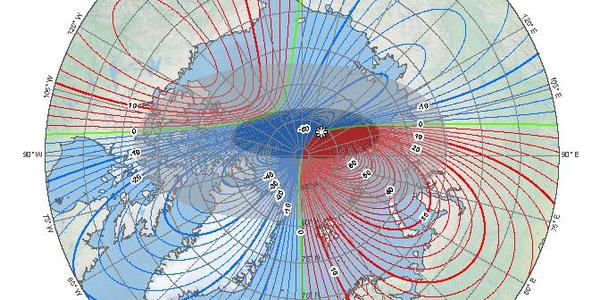 Arctic polar stereographic images of declination with the north dip magnetic pole and blackout zone indicated.