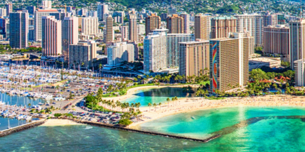 Downtown Honolulu on Oahu, Hawai’i—the shot was taken from an altitude of about 1,000 feet over the Pacific Ocean.
