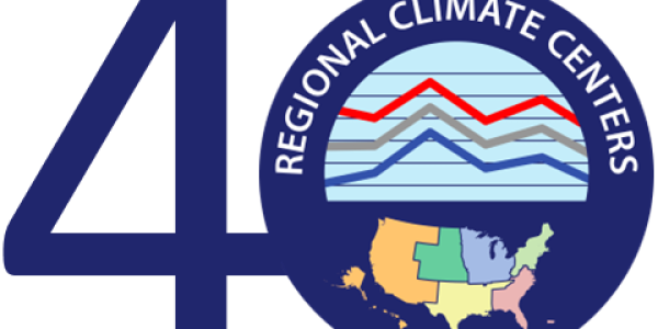 The number four followed by the Regional Climate Center logo, creating the number 40 in dark blue color.