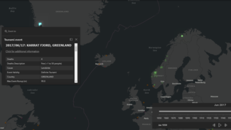 Screenshot of the Tsunami Time-Lapse Animation Tool with the event window for a tsunami caused by a landslide in Greenland open.