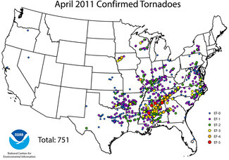 Graphic of confirmed tornadoes during April 2011 super outbreak in U.S. South and Midwest