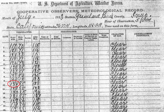 Picture of COOP form from Greenland Ranch July 1913 with high temperature circled