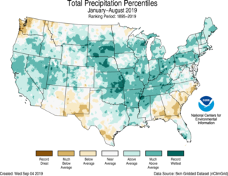 Map of January-to-August 2019 U.S. total precipitation percentiles