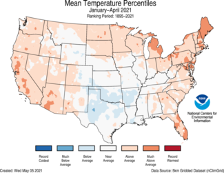 January-April 2021 US Average Temperature Percentiles Map