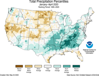 January to April 2020 US Total Precipitation Percentiles Map