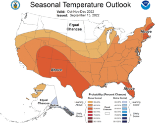 Autumn 2022 seasonal temperature outlook map for Oct-Nov-Dec.