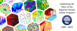 Collage displaying various climate-related products provided by the Regional Climate Center Program. From left to right: row 1: ACIS Climate Summary Maps, NOWData, Surge Tracker; row 2: Wind Rose, Apple Frost Risk - Accumulated Chill, ACIS Climate Summary Maps, Vegetation Impact Program; row 3: xmACIS, WBGT Climatology, AWSSI, WestWide Drought Tracker, Waterway and Drought; row 4: ACIS Climate Summary Maps, Tornado Tracks, Alaska Climatology Dashboard, Climate Perspectives, Snowfall Departure Maps.