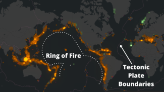 Screenshot of the Tsunami Time-Lapse with the approximate outline of the Ring of Fire marked by a dashed line in the Pacific Ocean. The tectonic plate boundaries are also indicated.
