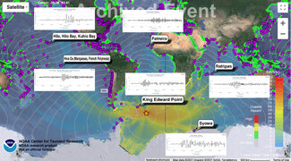 Map showing tsunami model amplitudes and selected coastal sea-level records from the tsunami resulting from the South Sandwich Islands earthquake on August 12, 2021