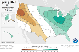 Map of U.S. precipitation outlook for Spring 2020 by Climate.gov