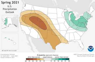 Map of U.S. precipitation outlook for Spring 2021 (April-June)