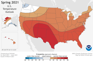Map of U.S. temperature outlook for Spring 2021 (April-June)