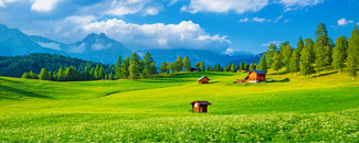 Field of green grass with mountains in the background and several houses scattered on the greenery. Field of green grass with mountains in the background and several houses scattered on the greenery.