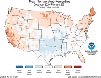 Map of average U.S. temperature percentiles for Winter 2021 (Dec-Feb)
