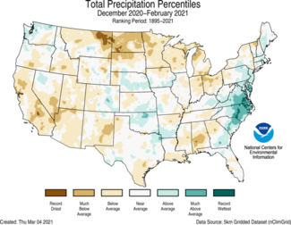 Map of total U.S. precipitation percentiles for Winter 2021 (December-February)