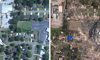 Photos of before and after in Tuscaloosa, Alabama, representing the damage from on April 29, 2011, tornado.