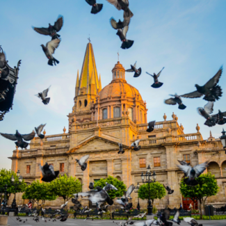 Church in Guadalajara, Mexico with pigeons flying overhead.