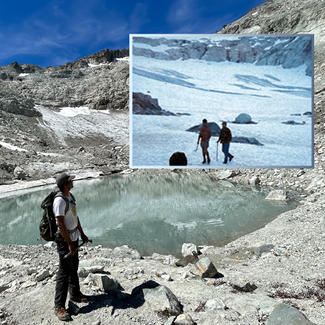 Estas imágenes muestran el glaciar Ice Worm en las montañas Cascade del Norte de Washington, EE. UU., que estuvo bajo continuo monitoreo cada año desde 1984 y desapareció en el 2023. Foto principal: La ubicación del antiguo glaciar Ice Worm el 13 de agosto del 2023. Foto insertada: Glaciar Ice Worm el 16 de agosto de 1986.