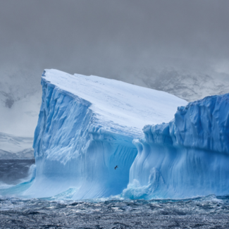 Un enorme iceberg flotando en el Océano Sur cerca de la Antártida con montañas cubiertas de nieve en el fondo.   Cortesía de GettyImages. Crédito: Ray Hems.
