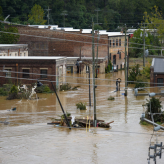 Large brick buildings in the River Arts District in Asheville, NC are submerged in floodwaters, with debris scattered in the water and trees submerged up to the tops of the leaf canopies. Power lines are damaged and strung across the foreground just above the floodwaters.