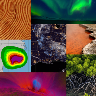 Collage of nine climate and environmental images. 