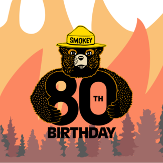 Image of Smokey Bear holding "80th Birthday" letters with fire burning in the backgrou