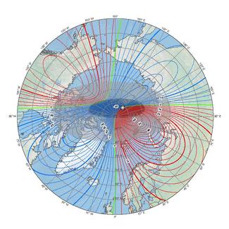 Arctic polar stereographic images of declination with the north dip magnetic pole and blackout zone indicated.