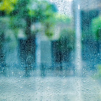 Rain flecked on a windowpane with trees and buildings visible through the glass.