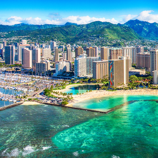 Downtown Honolulu on Oahu, Hawai’i—the shot was taken from an altitude of about 1,000 feet over the Pacific Ocean.