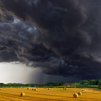 Alt Text: Storm clouds gathering above a field covered in hay bales.