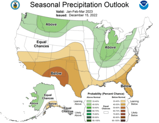 Winter 2022-2023 seasonal precipitation outlook map for Jan-Feb-March.