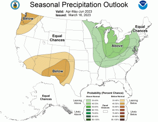 Spring 2022-2023 U.S. seasonal precipitation outlook map for April-May-June.