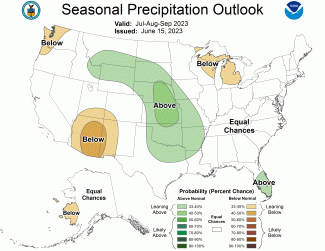 Summer seasonal precipitation outlook map for July–September, 2023.