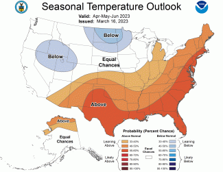 Spring 2022-2023 U.S. seasonal temperature outlook map for April-May-June.