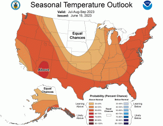 Summer seasonal temperature outlook map for July–September, 2023.