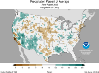 Precipitation Percent of Average map for June-August 2022.