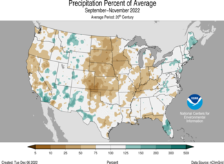 Map of the U.S. showing percent of average precipitation for September-November 2022 with wetter areas in gradients of green and drier areas in gradients of brown.