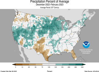 Winter 2022-2023 seasonal precipitation map for Jan-Feb-March.