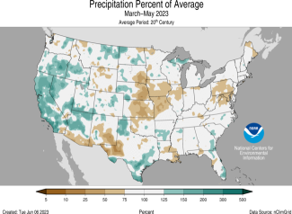 Map of the U.S. showing percent of average precipitation for March–May 2023 with wetter areas in gradients of green and drier areas in gradients of brown.