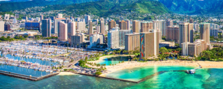 Downtown Honolulu on Oahu, Hawai’i—the shot was taken from an altitude of about 1,000 feet over the Pacific Ocean. Downtown Honolulu on Oahu, Hawai’i—the shot was taken from an altitude of about 1,000 feet over the Pacific Ocean.