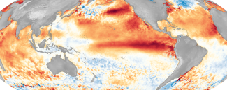 A bright red/orange band of unusually warm sea surface temperatures extends along the equatorial Pacific Ocean overlaid on a global map during 2016, one of the strongest El Niño events on record. A bright red/orange band of unusually warm sea surface temperatures extends along the equatorial Pacific Ocean overlaid on a global map during 2016, one of the strongest El Niño events on record.