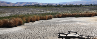 Dried up marsh with pier in the forefront and mountains and blue sky in the background.