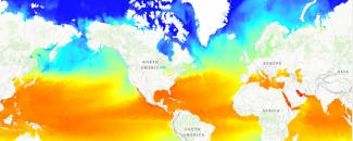 Map of global sea surface temperatures as created by data from NCEI’s Daily Optimum Interpolation Sea Surface Temperature (DOISST) product. Map of global sea surface temperatures as created by data from NCEI’s Daily Optimum Interpolation Sea Surface Temperature (DOISST) product.